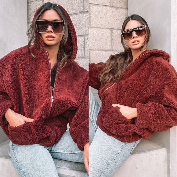 Red Fuzzy Oversized Hooded Jacket - Picture 4 of 4